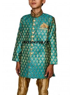 Sherwani garçon Rehan Bleu vert doré  - 1 2