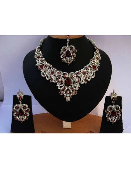 Parure Bijoux indienne Argenté Rouge  Bijoux indiens