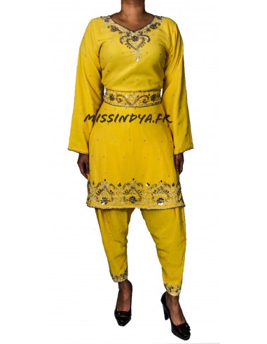 tenue indienne Salwar Kameez ines jaune et argenté  - 1