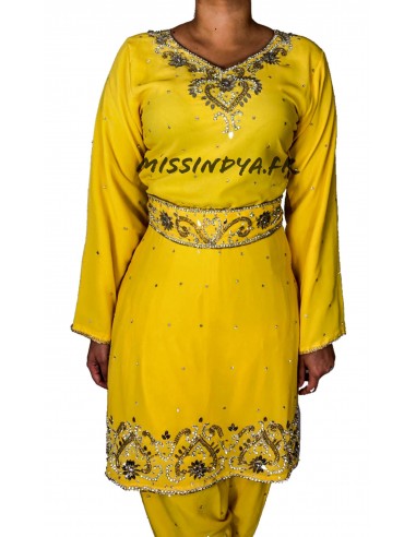 tenue indienne Salwar Kameez ines jaune et argenté  - 2