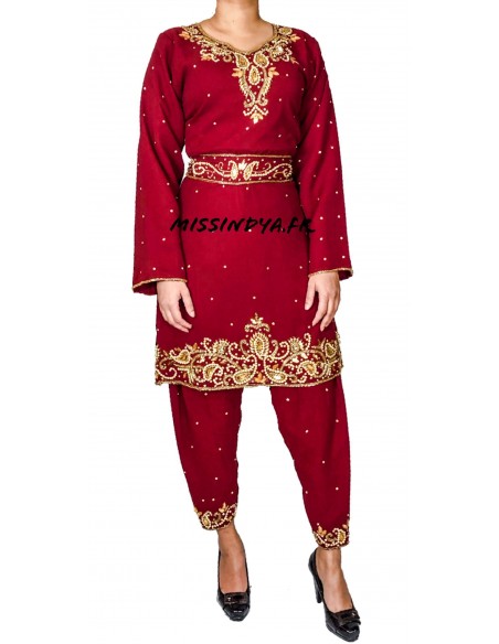 Robe indienne Salwar Kameez inaya rouge et dore  - 1