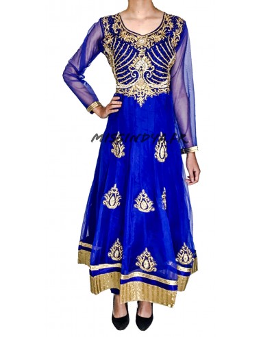 Robe indienne Salwar Kameez Preeti Bleu et dore  - 2