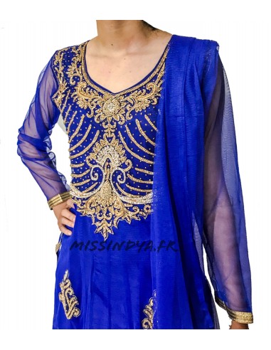 Robe indienne Salwar Kameez Preeti Bleu et dore  - 3