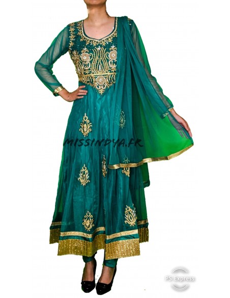 Robe indienne Salwar Kameez Preeti vert et dore  - 1