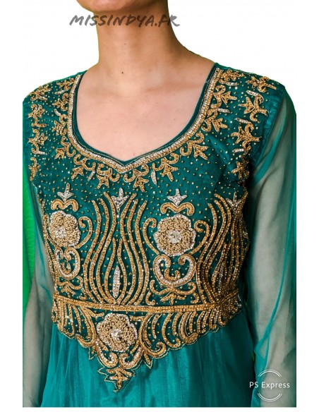 Robe indienne Salwar Kameez Preeti vert et dore  - 2