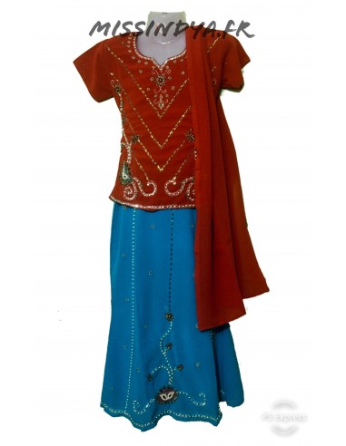 Lehenga sari indien Fille rouge et bleu  - 1
