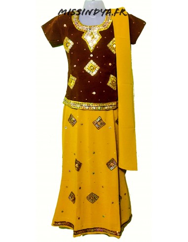 Lehenga sari indien Fille marron et jaune  - 1
