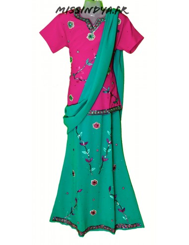 Lehenga sari indien Fille rose et bleu vert  - 1