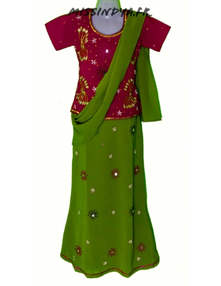 Lehenga sari indien fille rouge vert  - 1