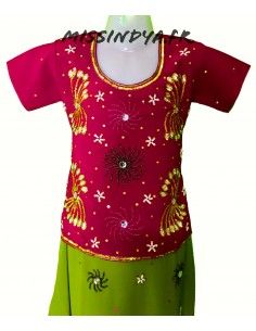 Lehenga sari indien fille rouge vert  - 1 2