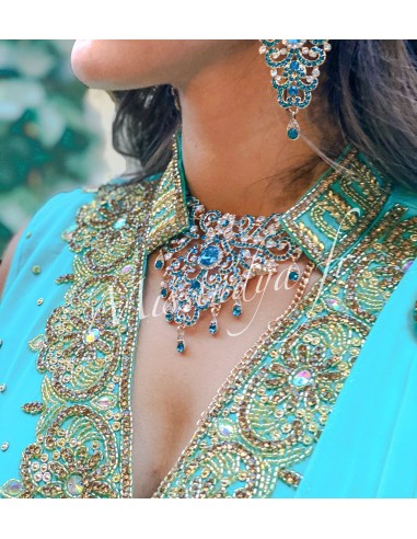 Robe indienne de Soirée bleu vert et dore  - 4