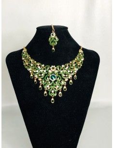 Parure Bijoux indiens Bollywood Vert dore  - 1 2