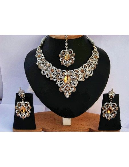 Parure Bijoux indiens Bollywood  ambre & Argenté  - 1