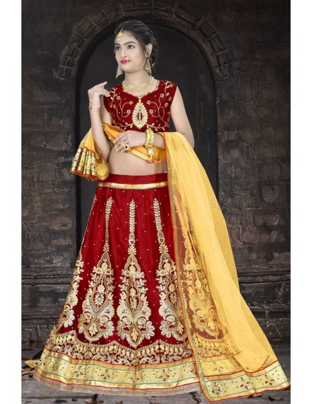 Lehenga choli sari fille Bahu doré Rouge  - 1