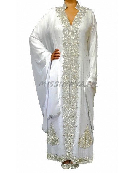 Robe indienne de Soirée Perlé strass argenté et blanc satiné  - 1