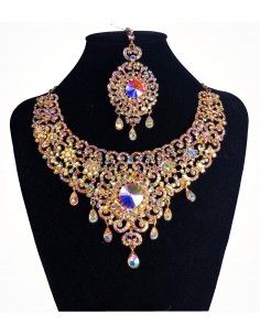 Parure Bijoux indiens Bollywood dore Blanc A193  - 1 2