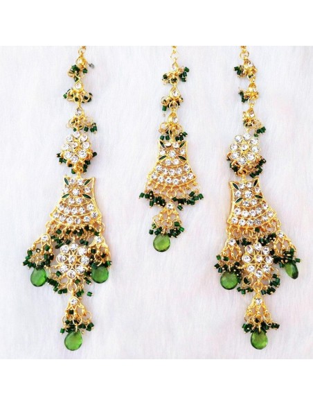 Set Bijoux tête et boucle d'oreille Vert doré Bijoux indiens