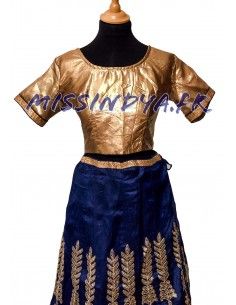 Lehenga choli Sari Manish bleu marine et doré  - 1 2