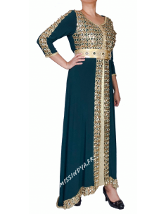 Caftan oriental asymétrique vert émeraude et doré  - 1 2