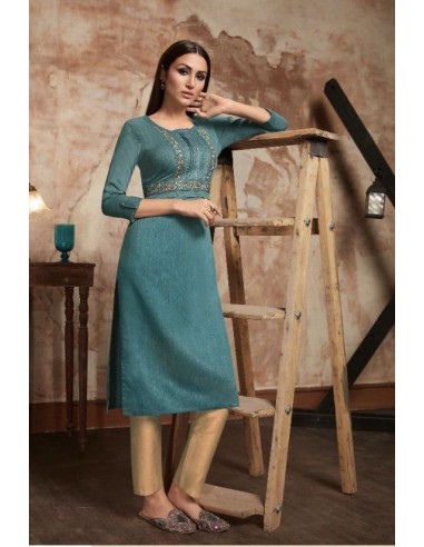 Tunique indienne robe ethnique longue Kajree Bleu vert  - 1