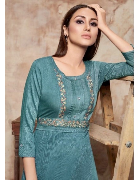 Tunique indienne robe ethnique longue Kajree Bleu vert  - 2