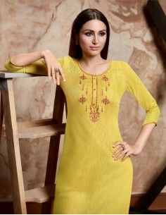 Tunique indienne robe ethnique longue  Jaune  - 1 2