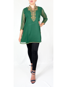 Tunique kurti indienne ethnique perlé Vert et doré  - 1