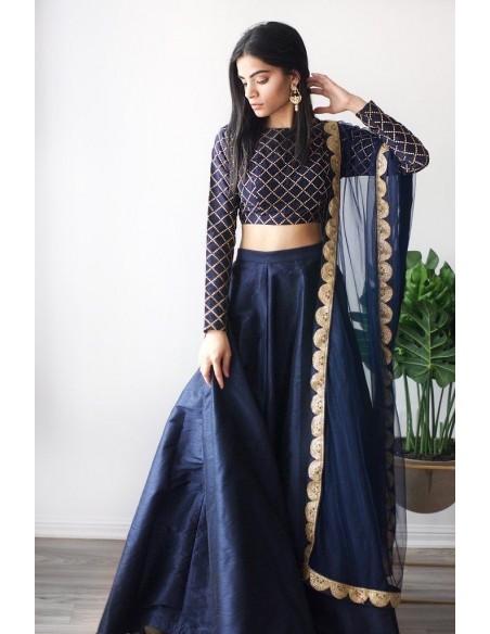 Lehenga choli Sari Bleu marine dore  - 1