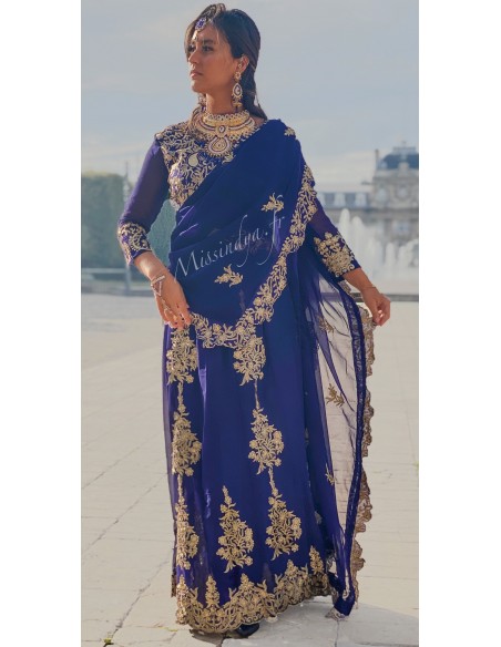 Robe indienne jupe Lehenga choli Ramsha doré Bleu  - 1