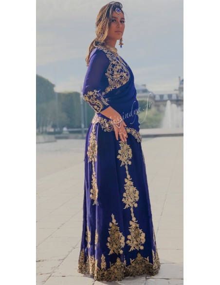 Robe indienne jupe Lehenga choli Ramsha doré Bleu  - 3