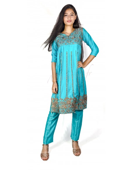Tenue indienne fille salwar kameez churidar brodé bleu turquoise  - 1