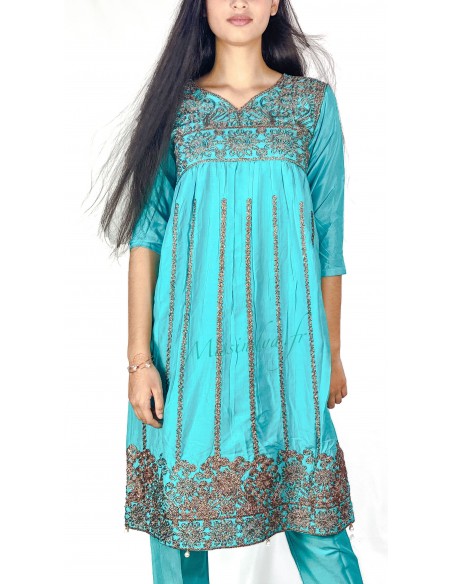 Tenue indienne fille salwar kameez churidar brodé bleu turquoise  - 2