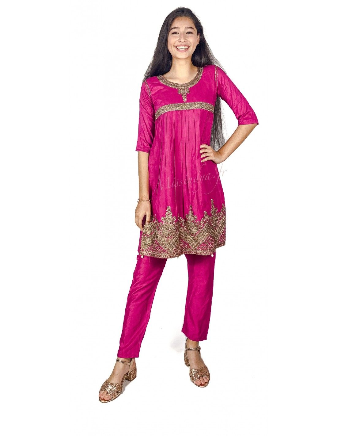 Tenue Indienne Fille Salwar Kameez Churidar Brode Rose Enfant Ten