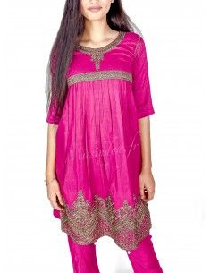 Tenue indienne fille salwar kameez churidar brodé rose  - 1 2