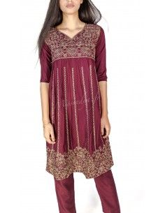 Tenue indienne fille salwar kameez churidar brodé bordeaux  - 1 2