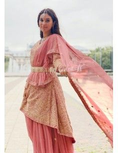 Lehenga choli sari Brodé Rose poudré  - 1 2