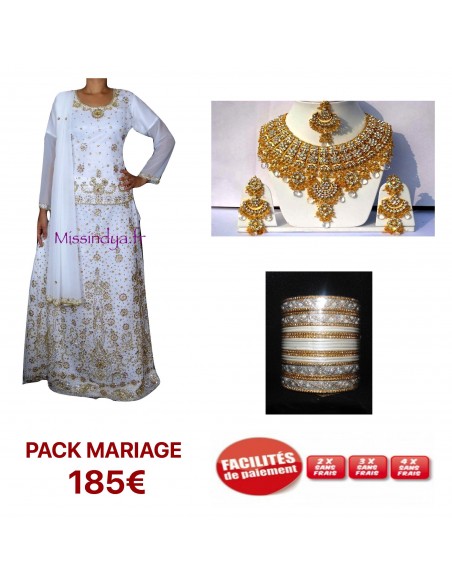 Pack mariage Lehenga choli Blanc & DORE Pack Mariage Lehenga sari