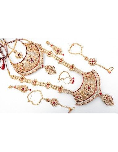 Parure Bijoux collier indien 8 pièces ANITA doré et rouge  - 1
