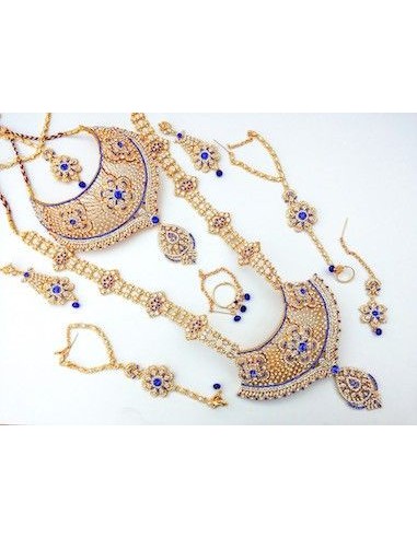 Parure bijoux indiens mariage 8 pièces ANITA doré et bleu  - 1