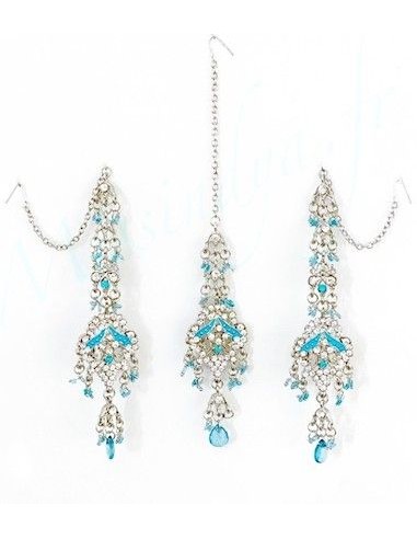 Set Bijoux indiens ethnique Argenté & Bleu turquoise FarJ  - 1