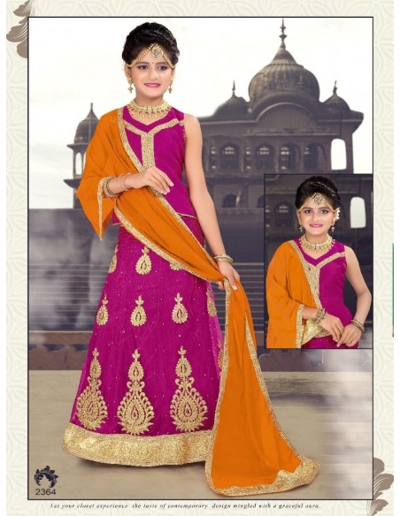Lehenga choli sari fille Manas doré Rose  - 1