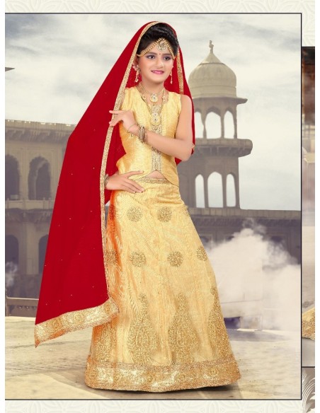Lehenga choli sari fille Manas doré beige  - 1