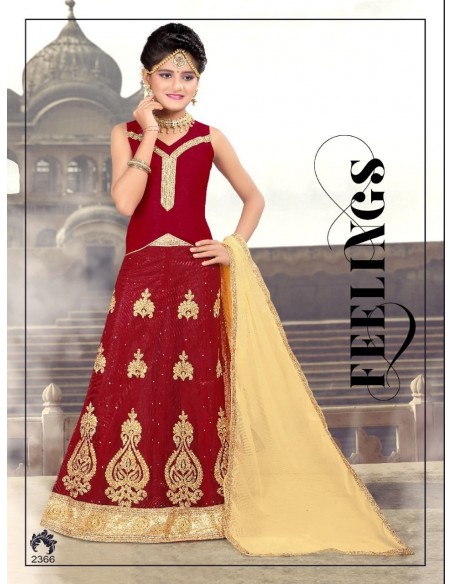 Lehenga choli sari fille Manas doré Rouge Enfant ( Tenue indien fil...