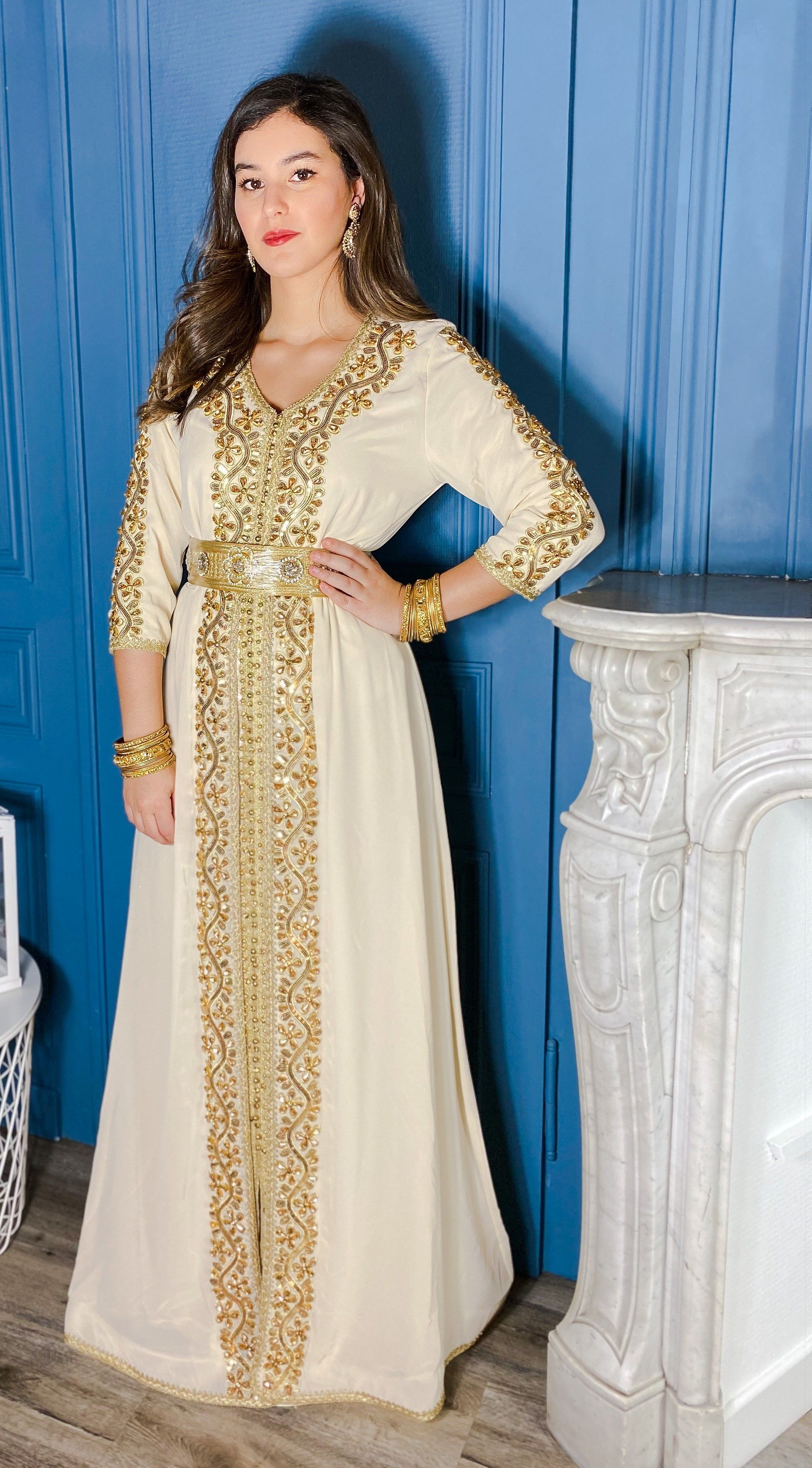 Caftan mousseline et satin Blanc Robe Dubai Caftan