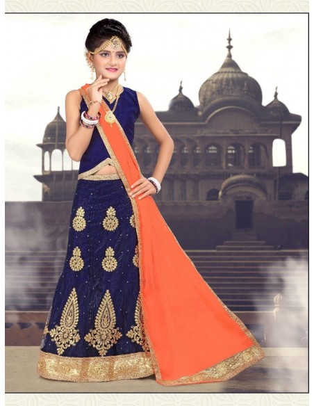 Lehenga choli sari fille Manas doré Bleu marine  - 1