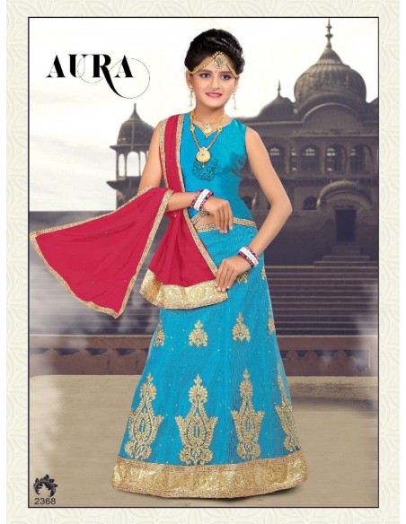 Lehenga choli sari fille Manas doré bleu turquoise  - 1