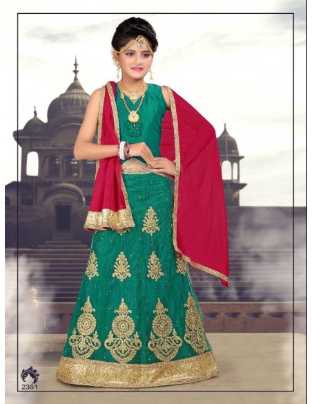 Lehenga choli sari fille Manas doré vert  - 1