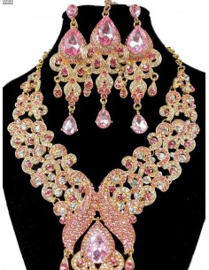 Parure Bijoux indiens Paon rose poudré et doré  - 1 2