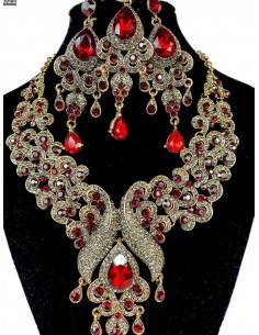 Parure Bijoux indiens Paon rouge et ambre  - 1 2