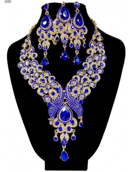 Parure Bijoux indiens Paon bleu royal et doré  - 1